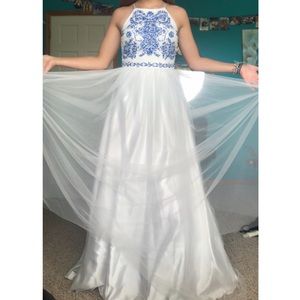 White High Neck Flowy Dress with Blue Embroidery